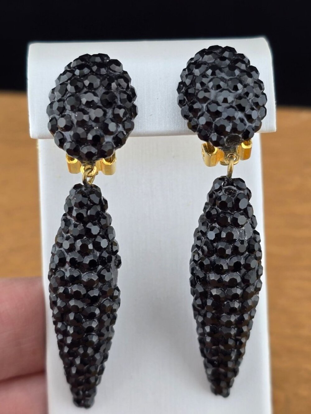 Vintage Richard Kerr Black Pave Rhinestone Drop Clip-On Earrings Statement READ - Picture 2 of 8